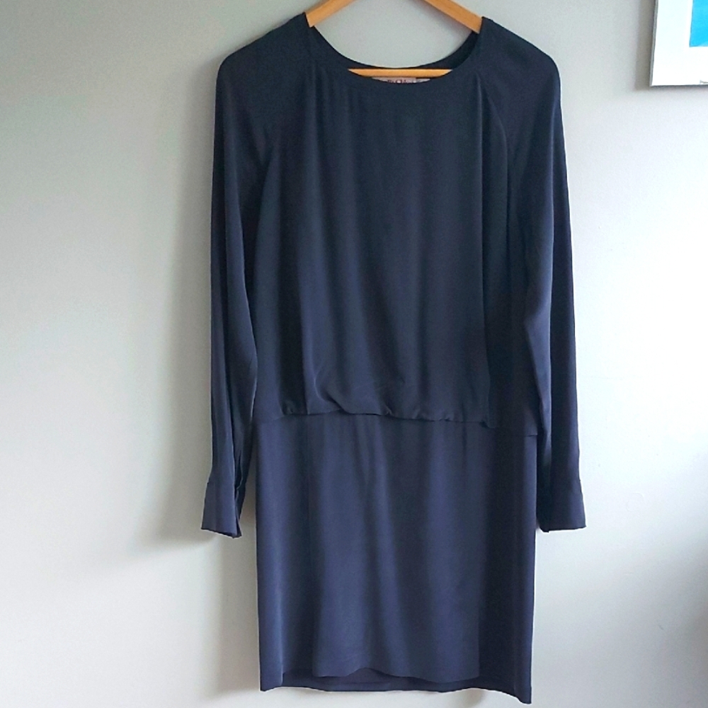 See By Chloe Black Silk Rouched Waist Long Sleeve Dress